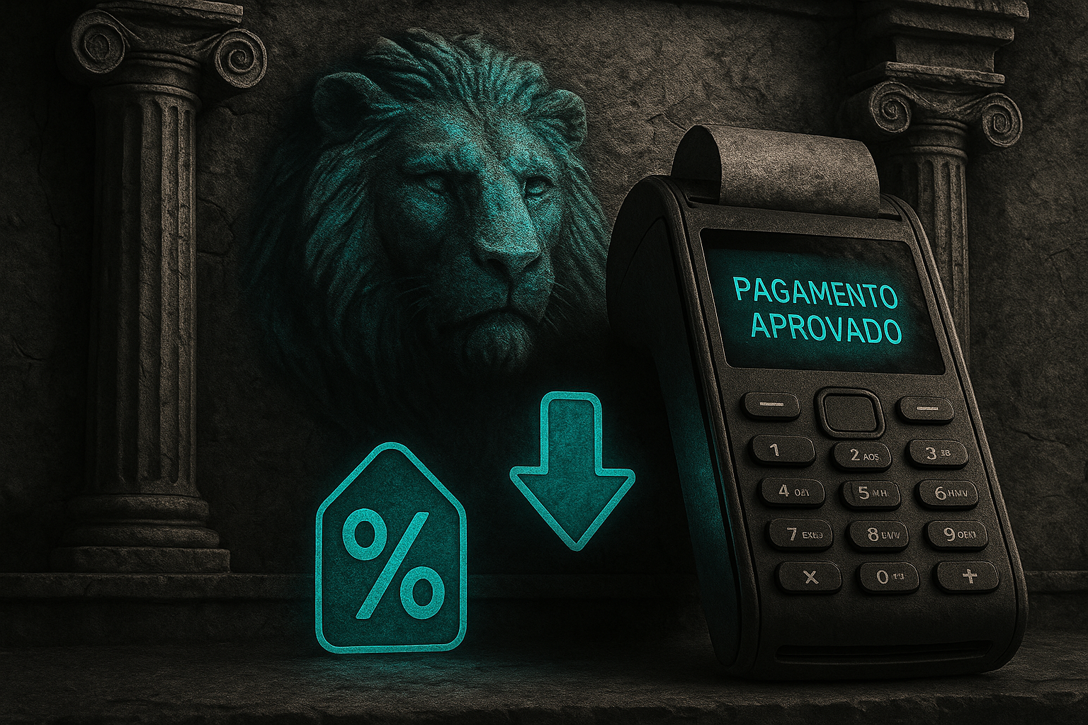 Máquina de cartão em primeiro plano exibindo “pagamento aprovado” em destaque azul esverdeado (#30adb1), com símbolos de dedução de valor ao lado e a cabeça de um leão estilizado em estética grega, esculpida ao fundo em preto e branco.