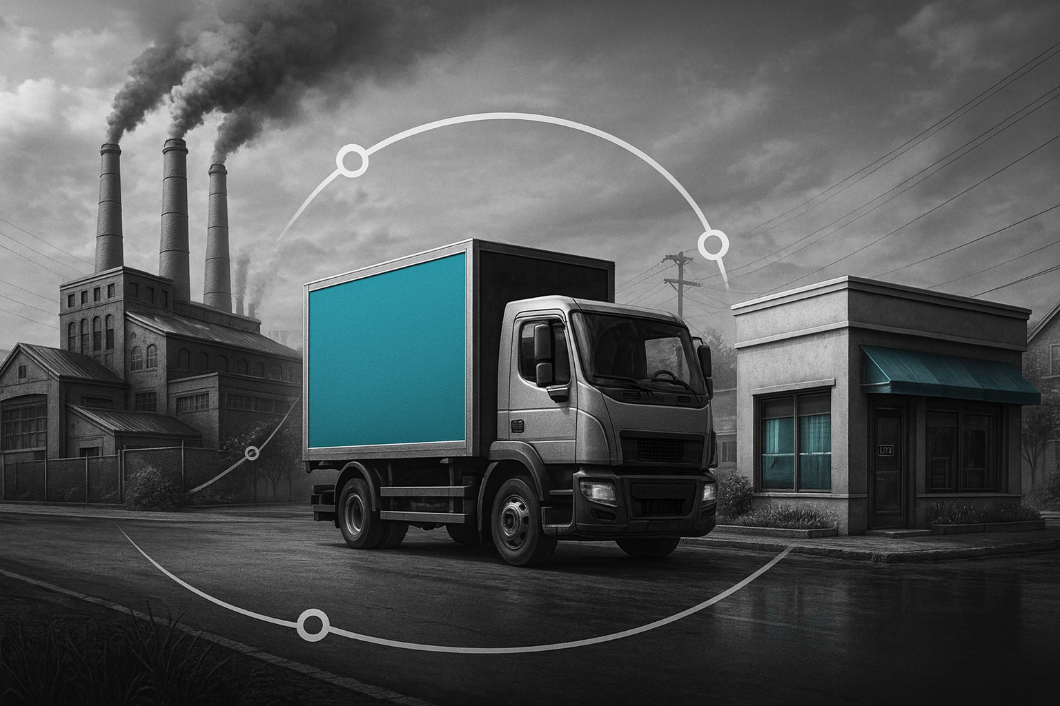 Ilustração em preto e branco mostrando uma fábrica, um caminhão e um comércio interligados, com detalhes em azul-esverdeado #26dbd9 destacando a cadeia produtiva.