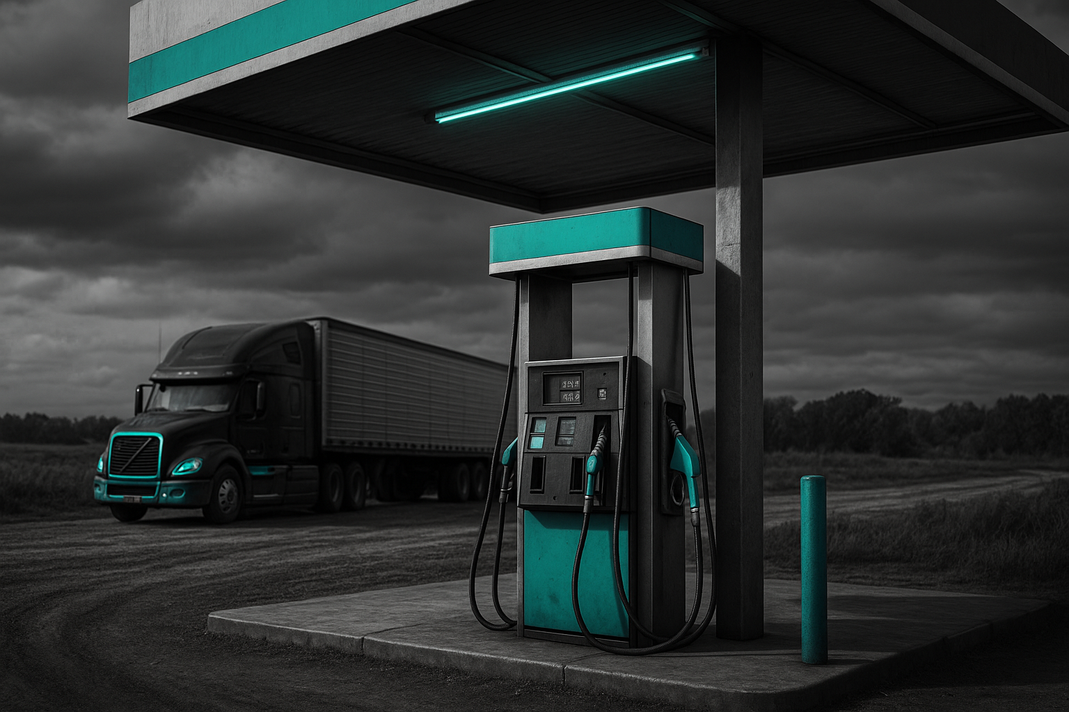 Posto de combustível rural em preto e branco com bombas destacadas em azul-esverdeado #26dbd9, e caminhão ao fundo estacionado na estrada de terra.