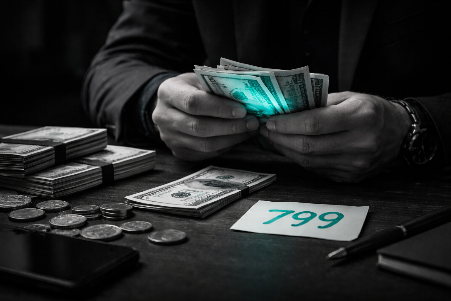 Mãos anônimas contando dinheiro com destaque em azul no código 799, representando risco fiscal no código 7.99 ICMS.