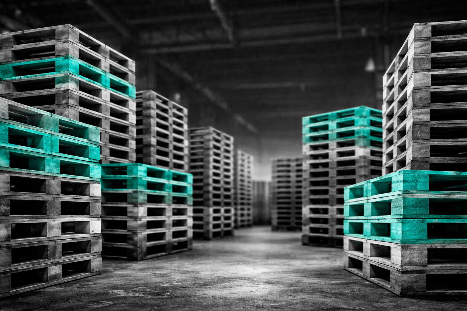 Paletes de madeira em galpão industrial com destaque seletivo azul representando diferimento de ICMS.