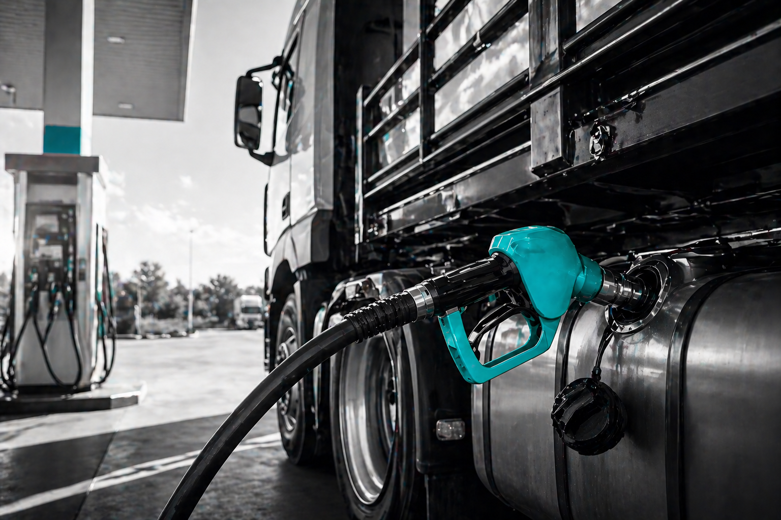 Caminhão aberto sendo abastecido com diesel em posto de combustível