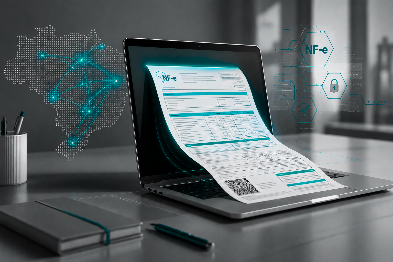 Imagem em preto e branco de um notebook emitindo uma nota fiscal eletrônica digital, com mapa do Brasil e elementos tecnológicos em azul, representando a NFe na reforma tributária.