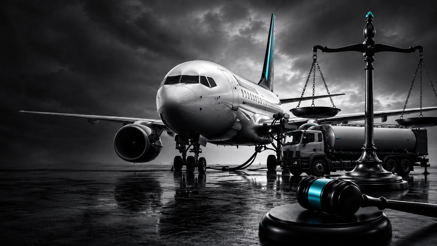 Avião sendo abastecido ao lado de uma balança da Justiça, martelo judicial e documento fiscal, representando decisão do TJSP que afastou a cobrança de ICMS de distribuidora.