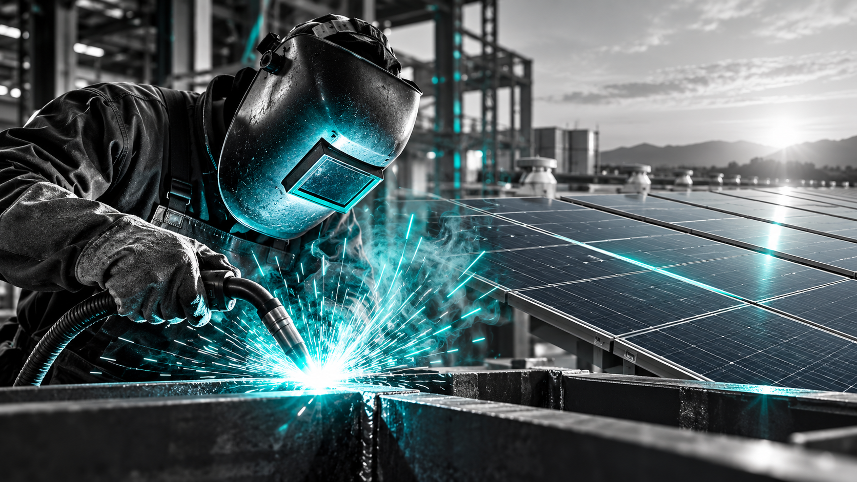 Soldador e painéis solares representando crédito acumulado de ICMS na indústria metalúrgica e energia solar.