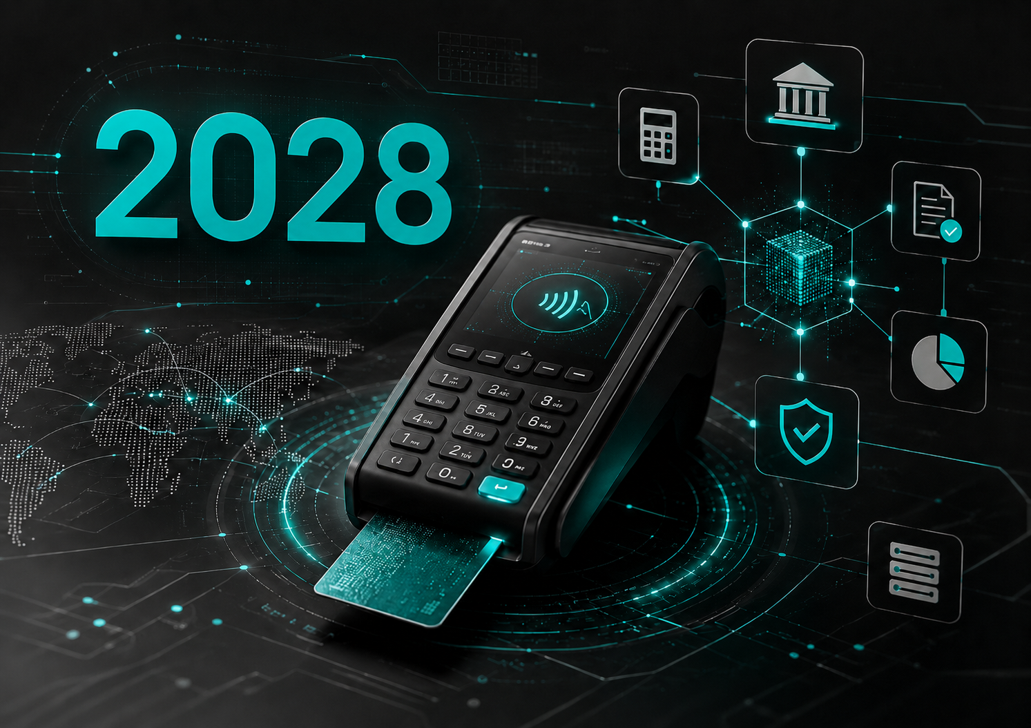 Máquina de cartão com o número 2028 em destaque e elementos tecnológicos em preto e branco, com destaque seletivo em azul, representando o split payment na Reforma Tributária.